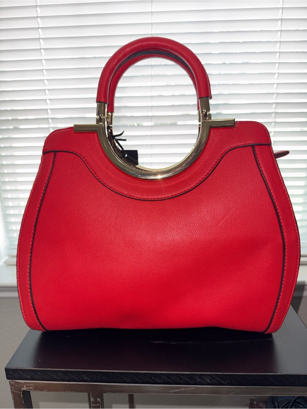 Red Structured Satchel with Gold Circular Handle